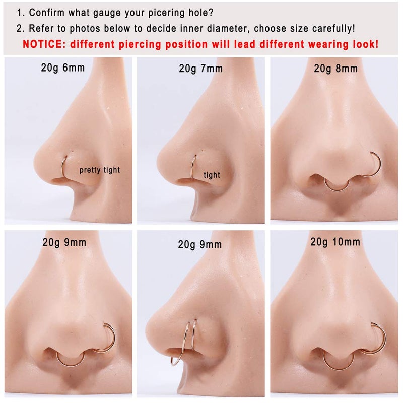FANSING 20g 7mm Nose Hoop 20 Gauge Hinged Seamless Piercing Jewelry Ring for Septum Helix Cartilage Earlobe Lip Daith Tragus Rook & Conch 18k Rose Gold-plated Surgical Steel - Image 4